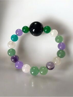 Pisces Zodiac Sign Bracelet w/ Black Onyx Focal Bead Amethyst Green Aventurine